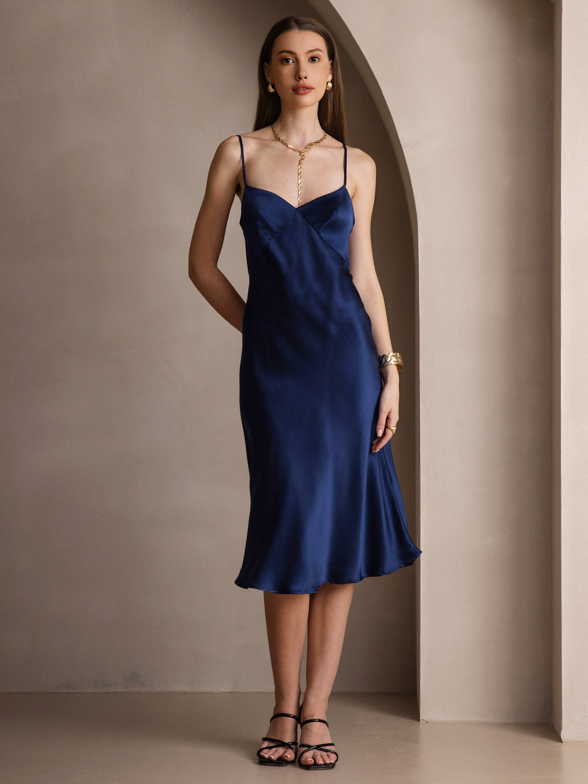 [Dark Blue] SilkSilky-AU 19Momme Pure Silk V Neck Dress 001