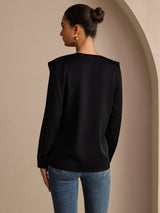 [Black] SilkSilky-AU Long Sleeve Deep V Neck Women's Blouse 002