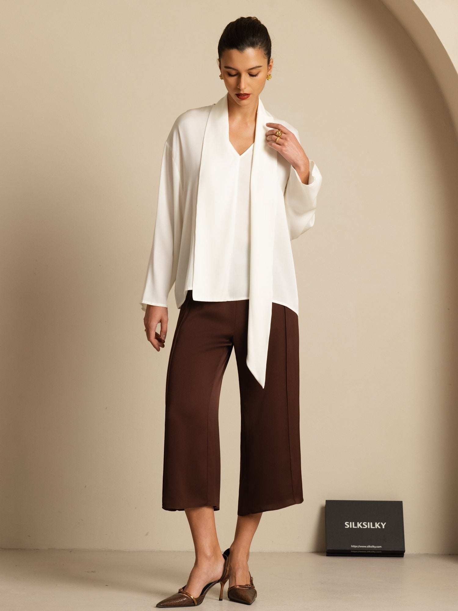 [White] SilkSilky-AU 19Momme Stretch Silk Double Georgette Long Sleeve V Neck Blouse 007