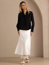[Black] SilkSilky-AU Long Sleeve Tie Neck Women's Blouse 006
