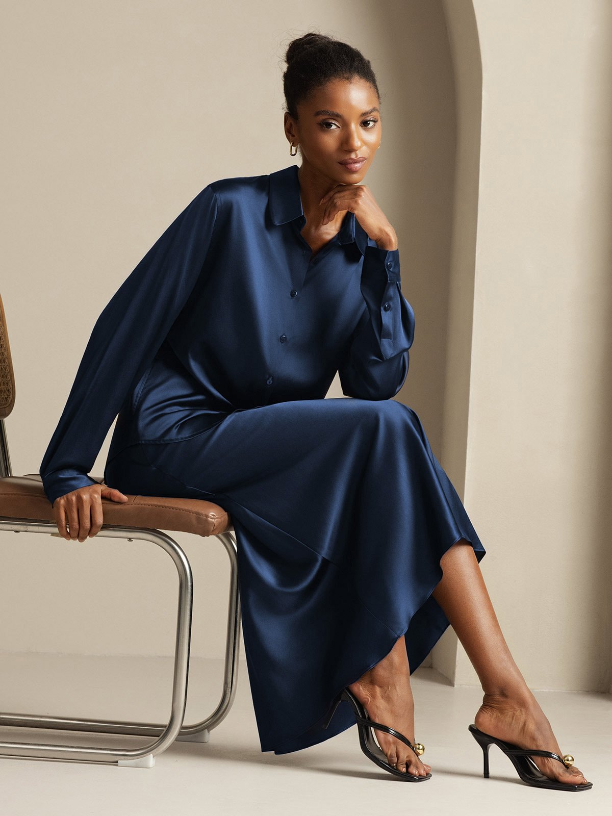 [Dark Blue] SilkSilky-AU 19Momme Silk Knitted Lapel Collar Women''s Outfit Sets 008,
