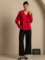 [Wine] SilkSilky-AU 19Momme Stretch Silk Double Georgette Long Sleeve V Neck Blouse 008
