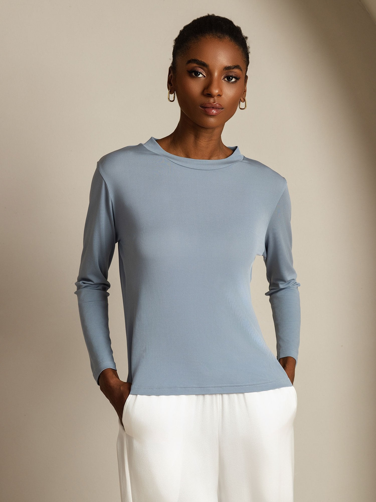 [GrayishBlue] SilkSilky-AU Pure Silk Round Neck Women's T-Shirt 006
