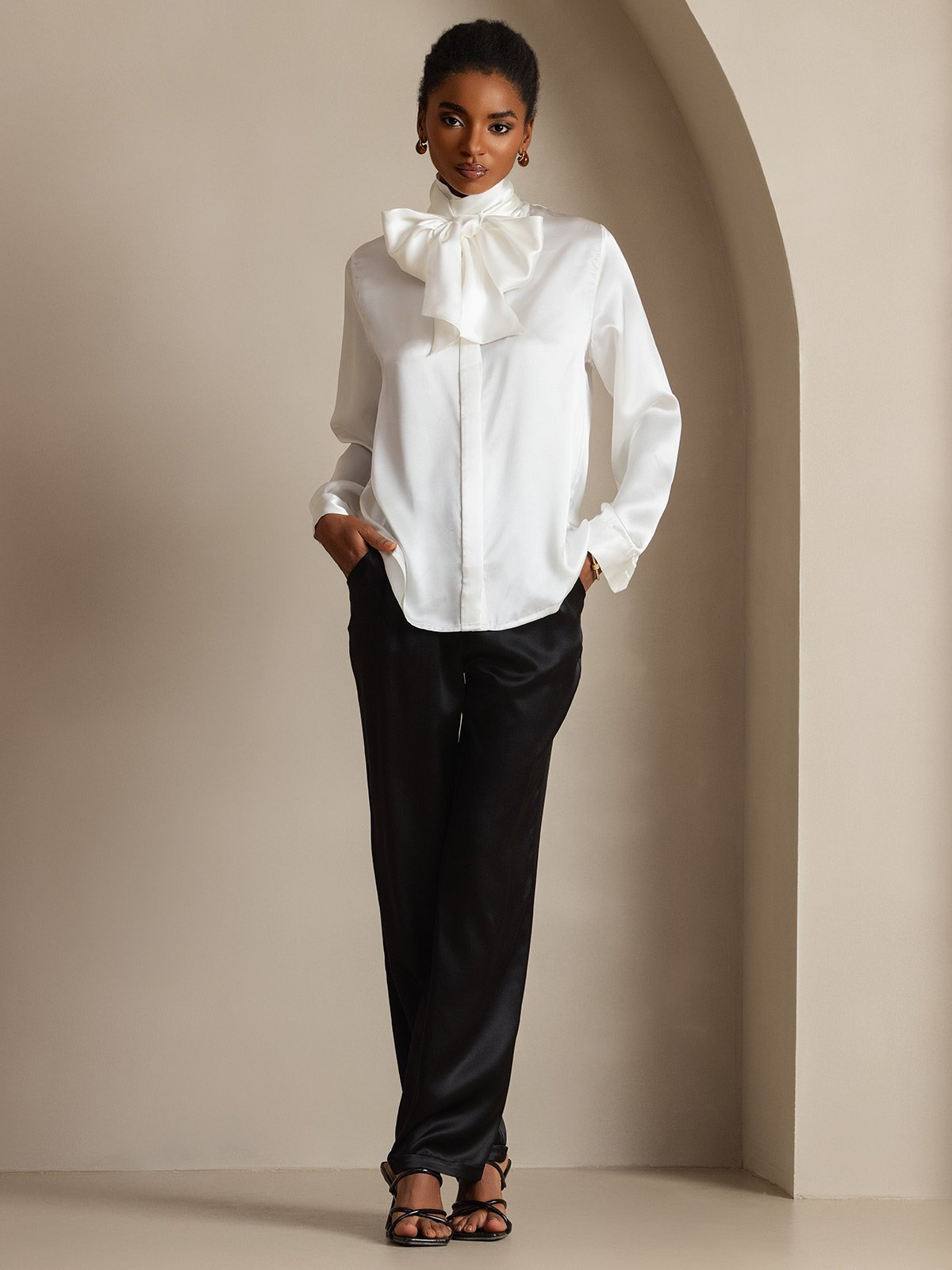 [White] SilkSilky-AU 19Momme Silk High Neck Women's Shirt 007