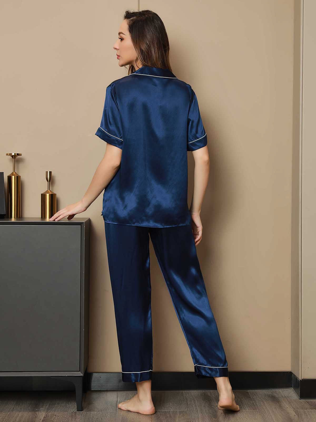 SilkSilky-AU Pure Silk Short Sleeve Lapel Women's Pyjamas DarkBlue 002