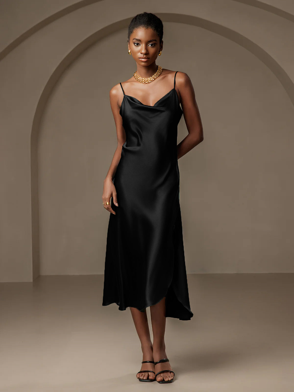 [Black] SilkSilky-AU 19Momme Pure Silk Cowl Neck Dress 001