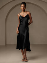 [Black] SilkSilky-AU Spaghetti Strap Cowl Neck Dress 001