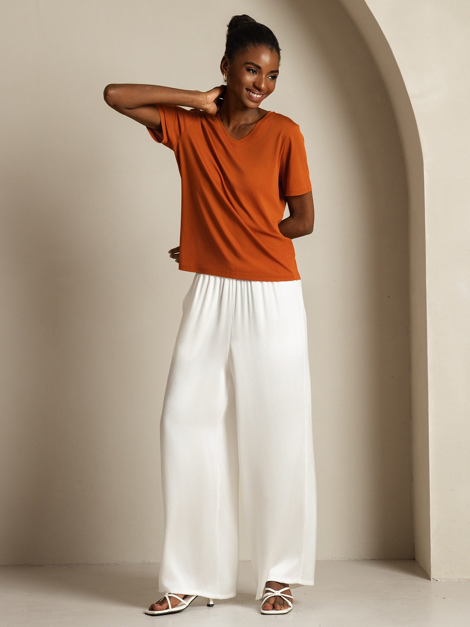 [Orange] SilkSilky-AU Pure Silk V Neck Women's T-Shirt 009