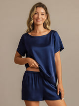 [Dark Blue] SilkSilky-AU 19Momme Machine-Washable Silk Short Sleeve Round Neck Women's Pyjamas 005