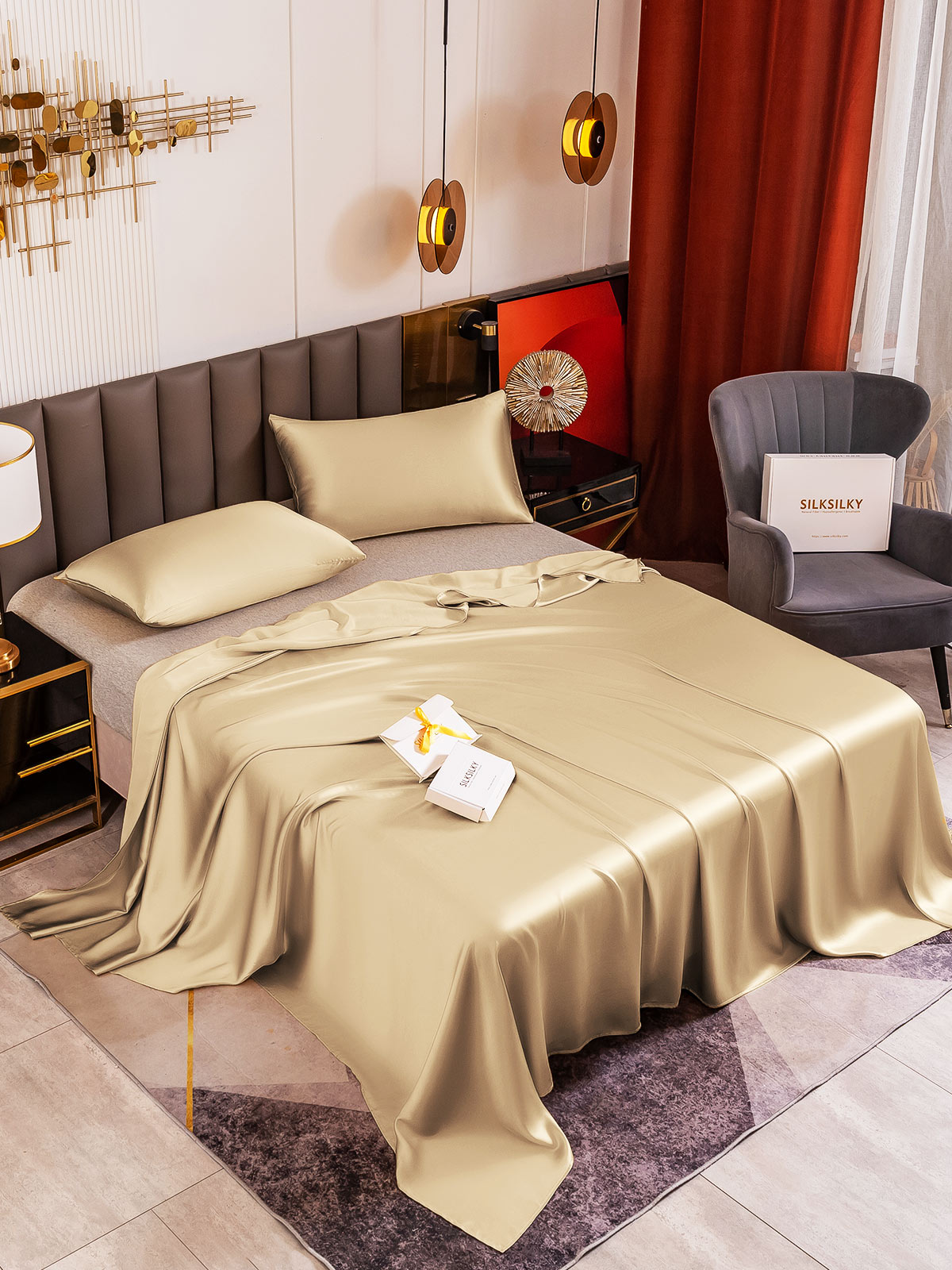 [Beige] SilkSilky-AU 19Momme Pure Silk Bedding Set 001