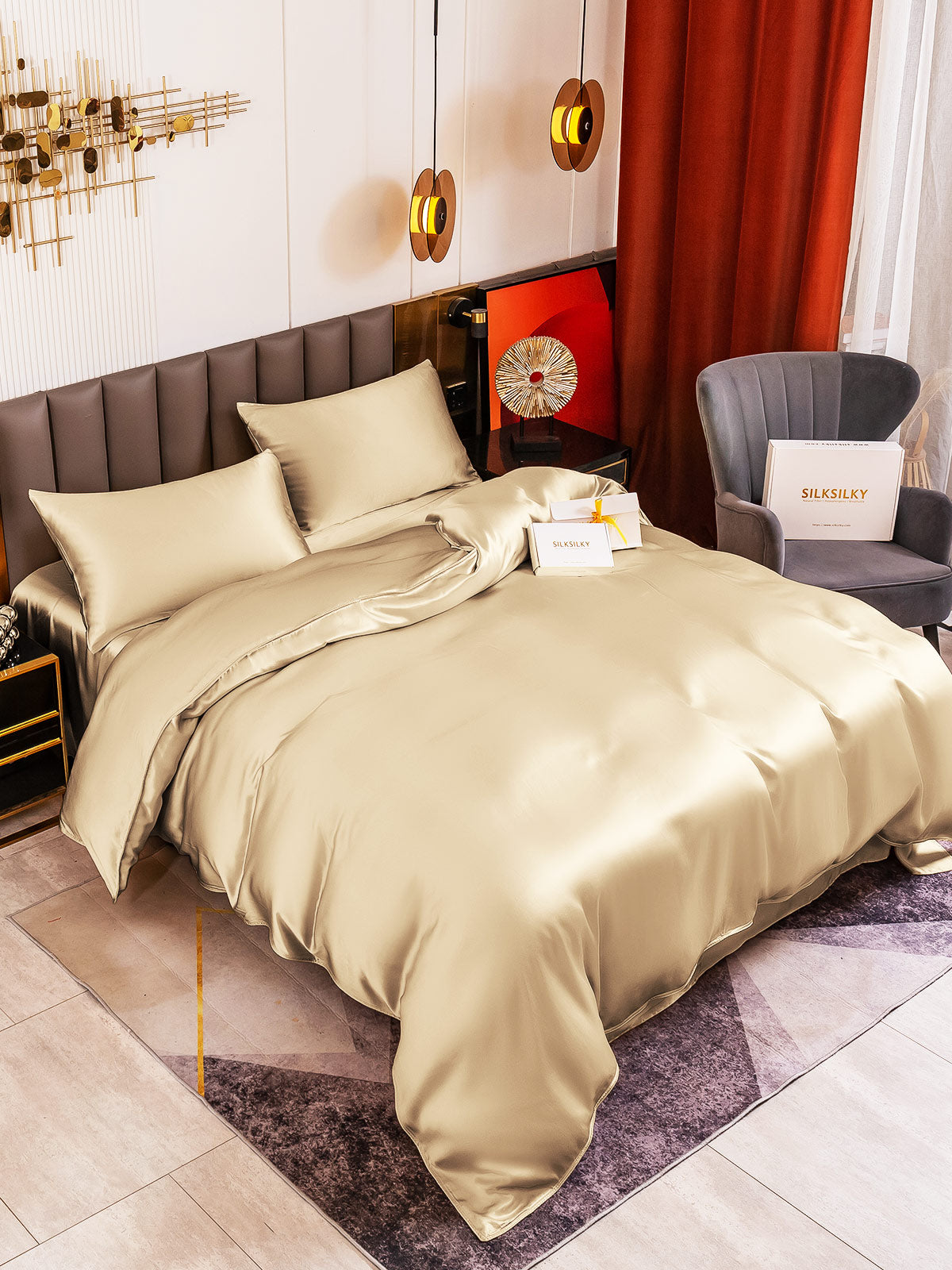 [Beige] SilkSilky-AU 19Momme Pure Silk Bedding Set 001