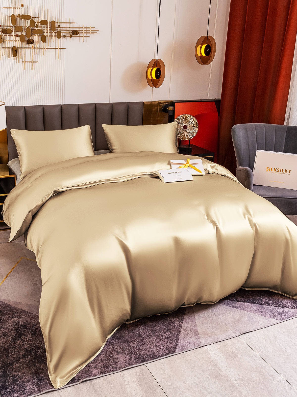 [Beige] SilkSilky-AU 19Momme Pure Silk Bedding Set 004