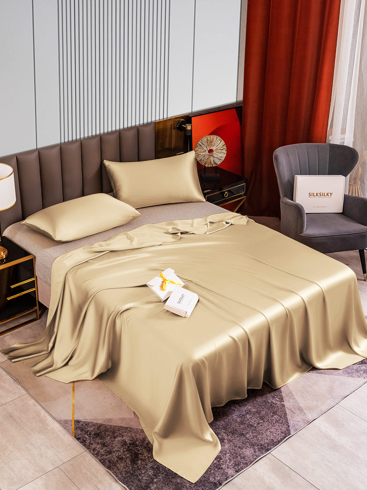 [Beige] SilkSilky-AU 22Momme Pure Silk Bedding Set 002