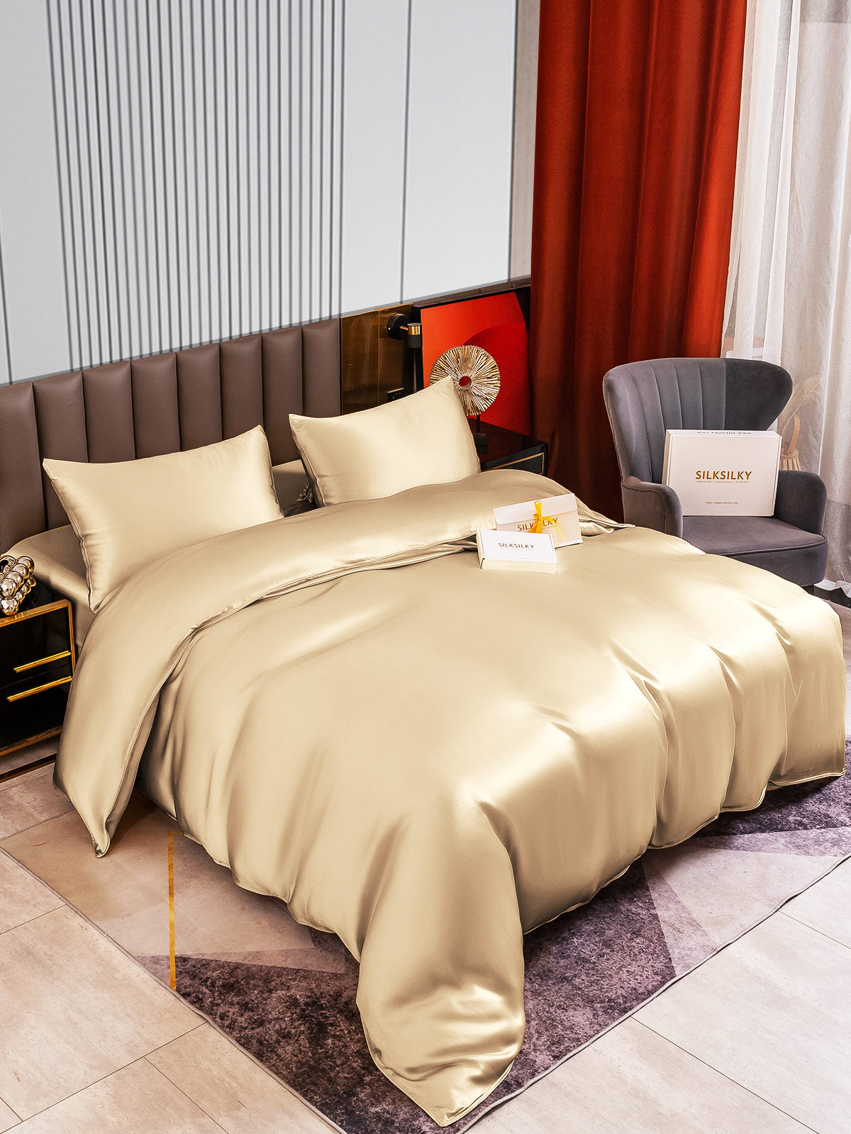 [Beige] SilkSilky-AU 22Momme Pure Silk Bedding Set 002