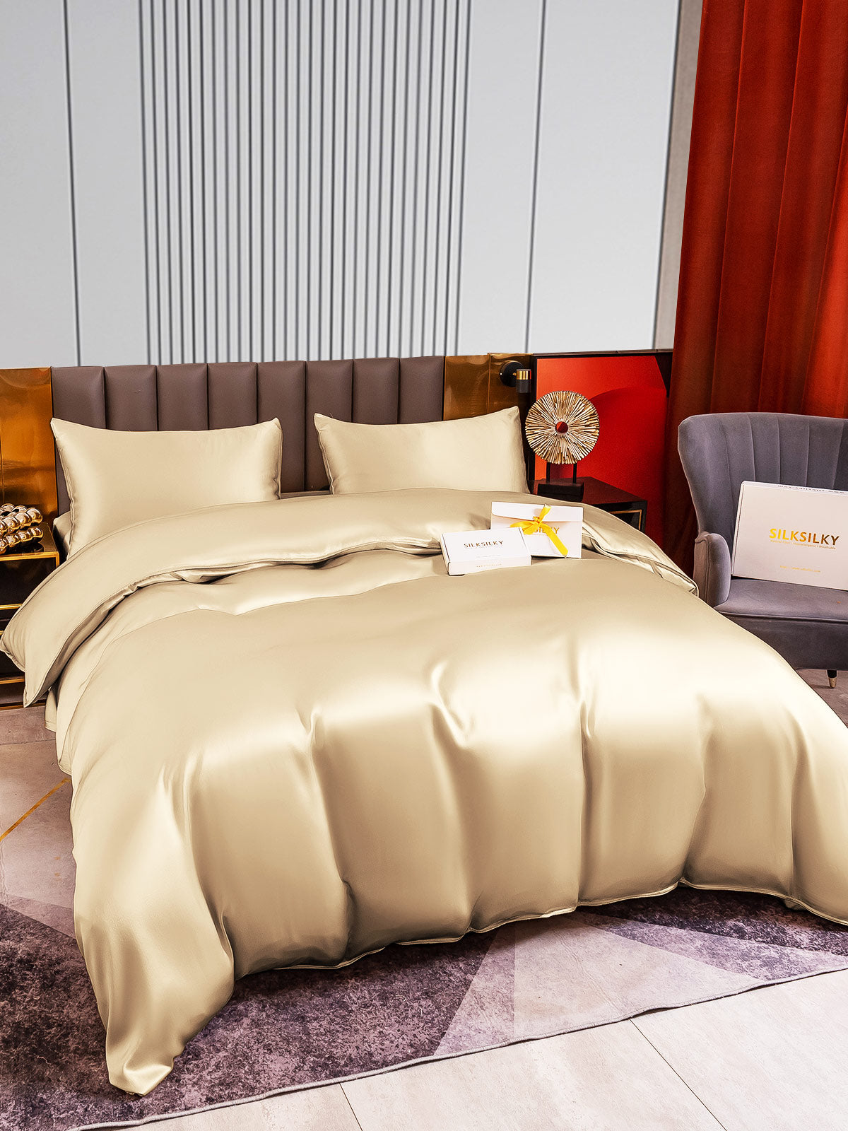 [Beige] SilkSilky-AU 22Momme Pure Silk Bedding Set 005
