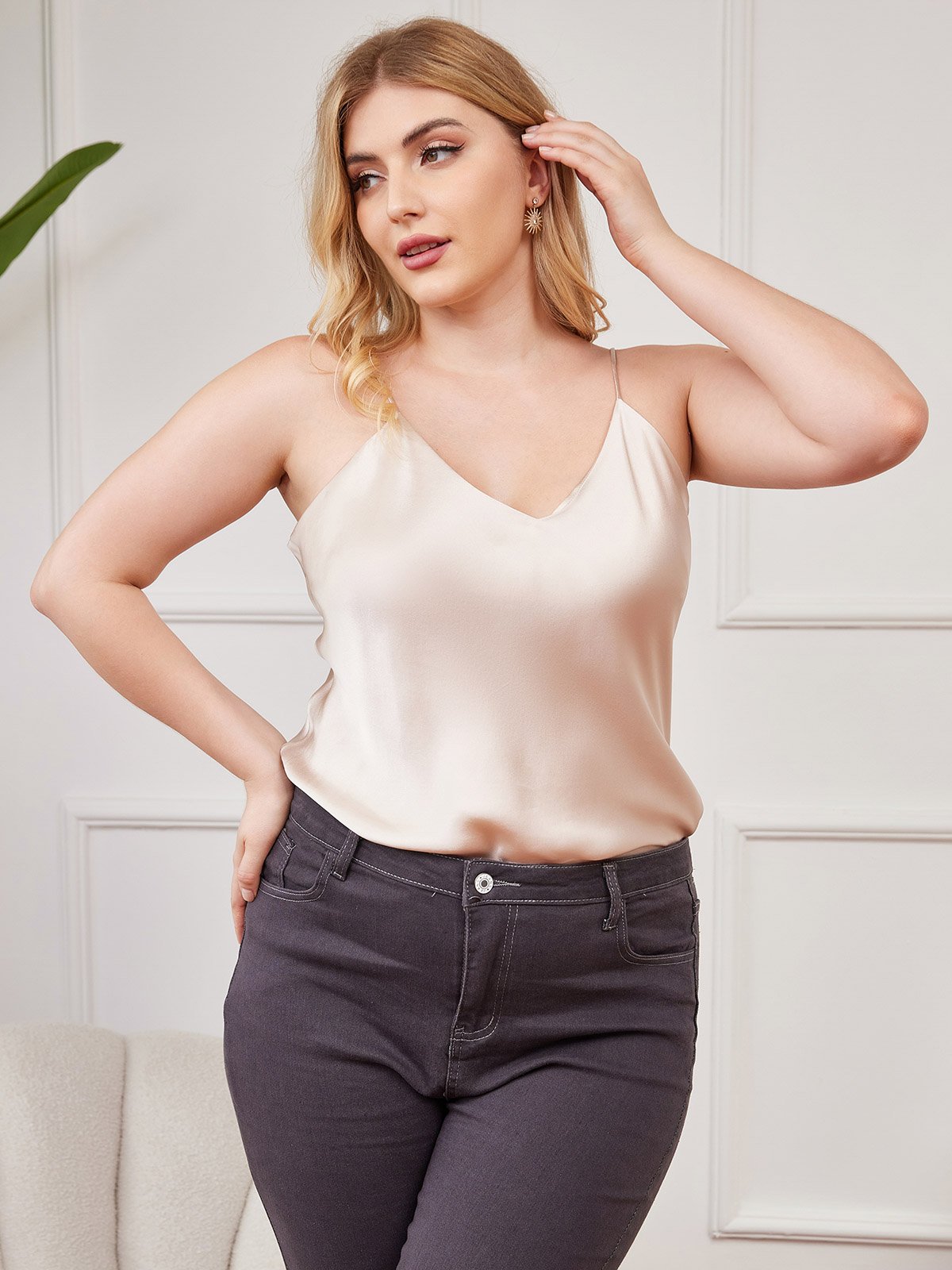 [Beige] SilkSilky-AU Pure Silk Deep V Neck Plus Size Camisole Top 003