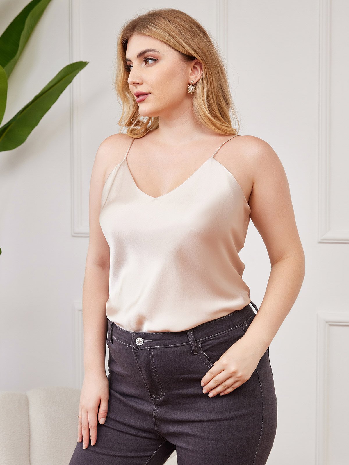 [Beige] SilkSilky-AU Pure Silk Deep V Neck Plus Size Camisole Top 003