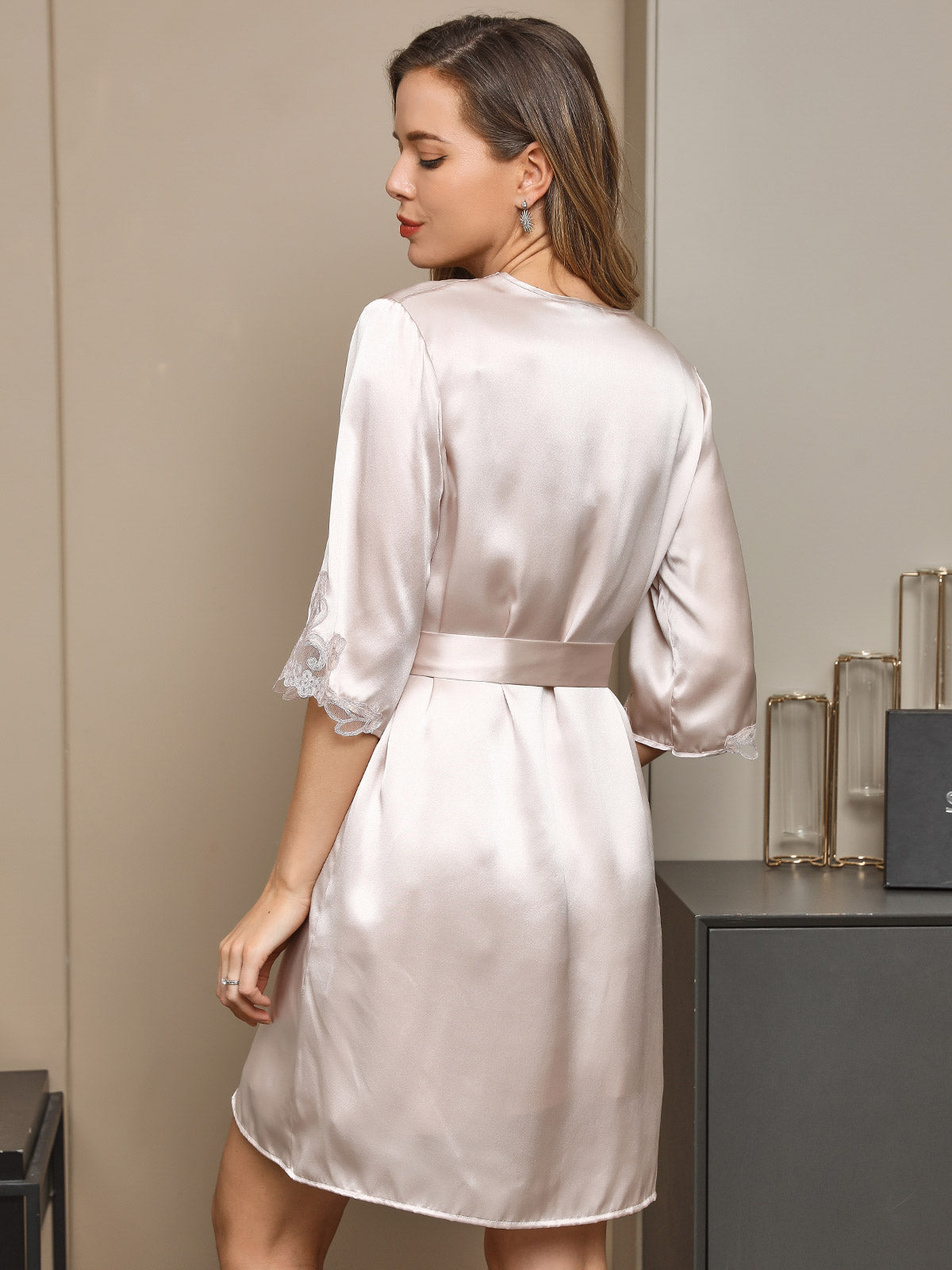 [Beige] SilkSilky-AU Pure Silk Half Sleeve Nightgown&Robe Set 002