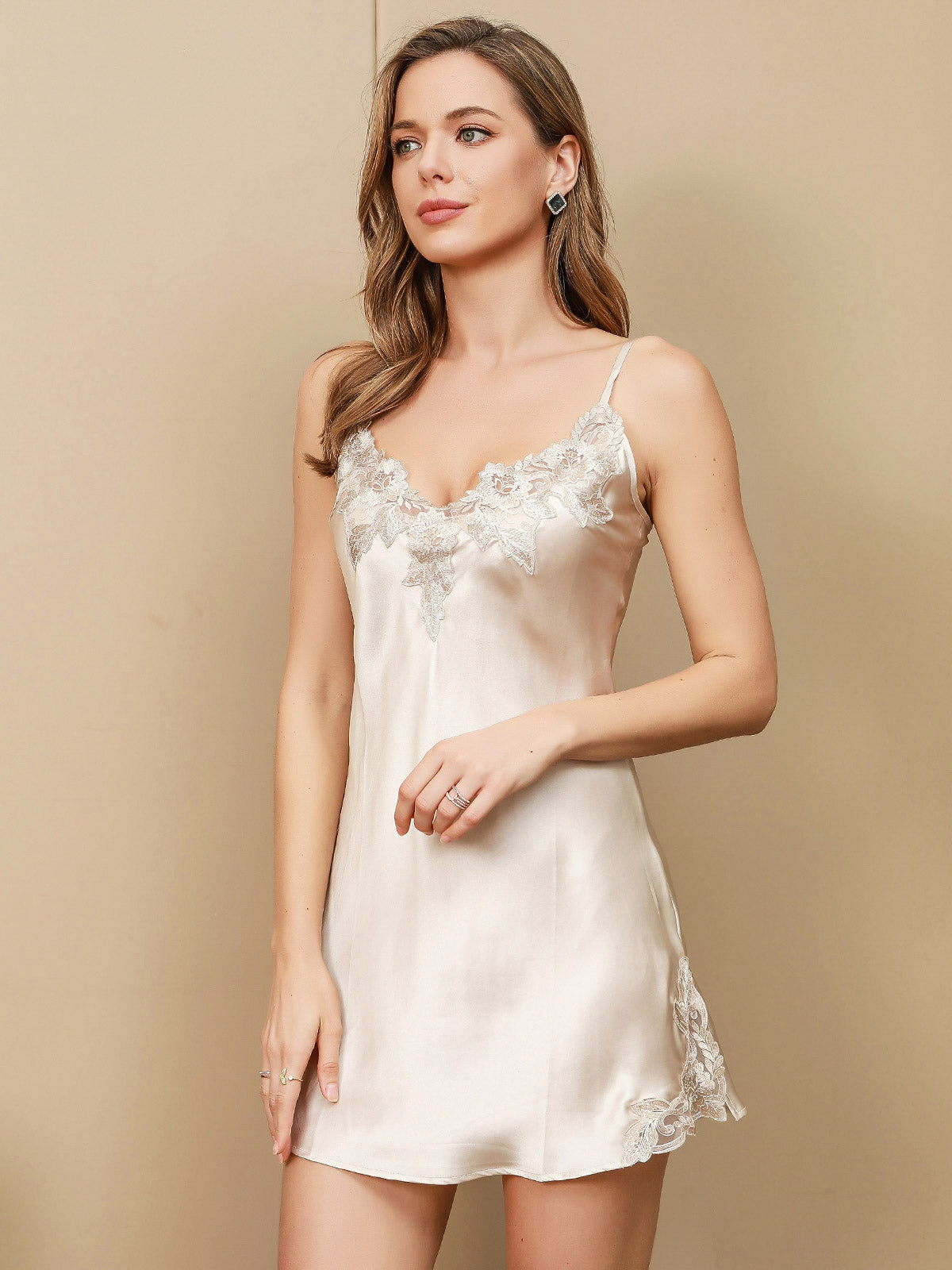 [Beige] SilkSilky-AU Pure Silk Sleeveless V Neck Nightgown 001