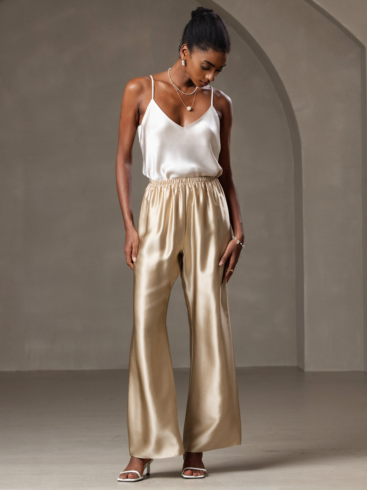 [Beige] SilkSilky-AU Pure Silk V Neck Camisole 005