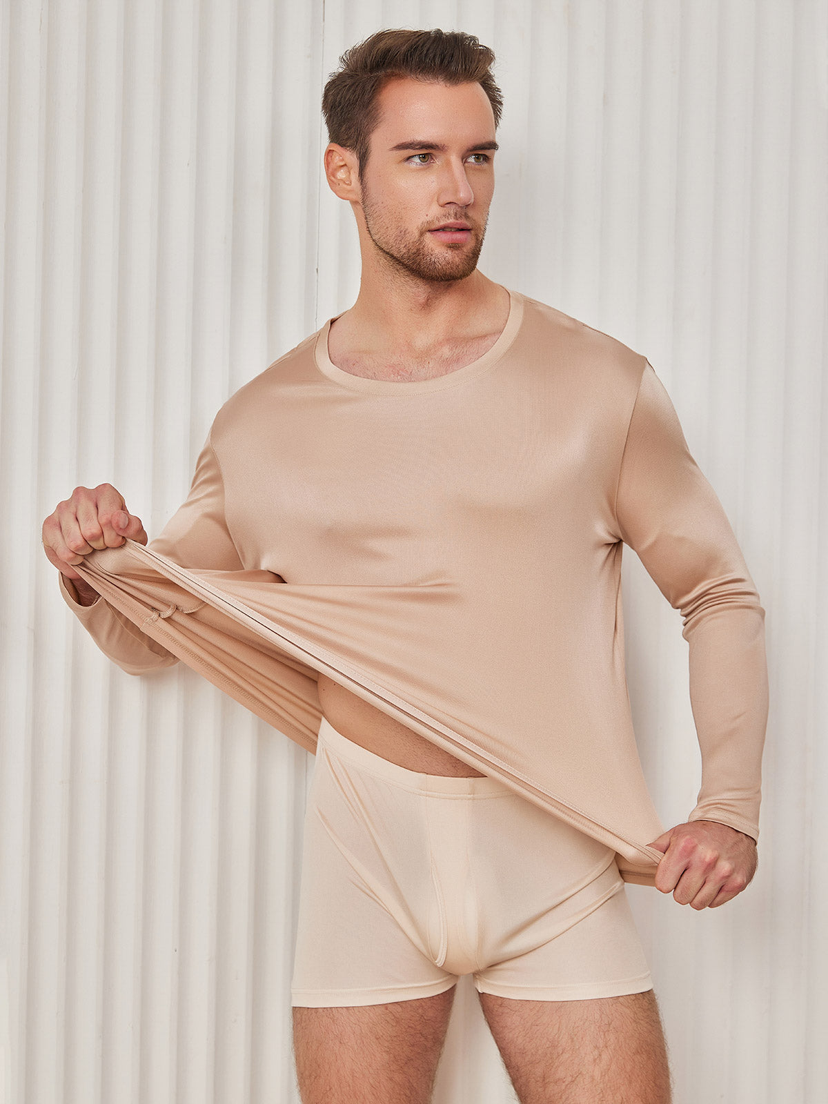 [Beige] SilkSilky-AU Silk Knitted Long Sleeve Round Neck Men's T-Shirt 001