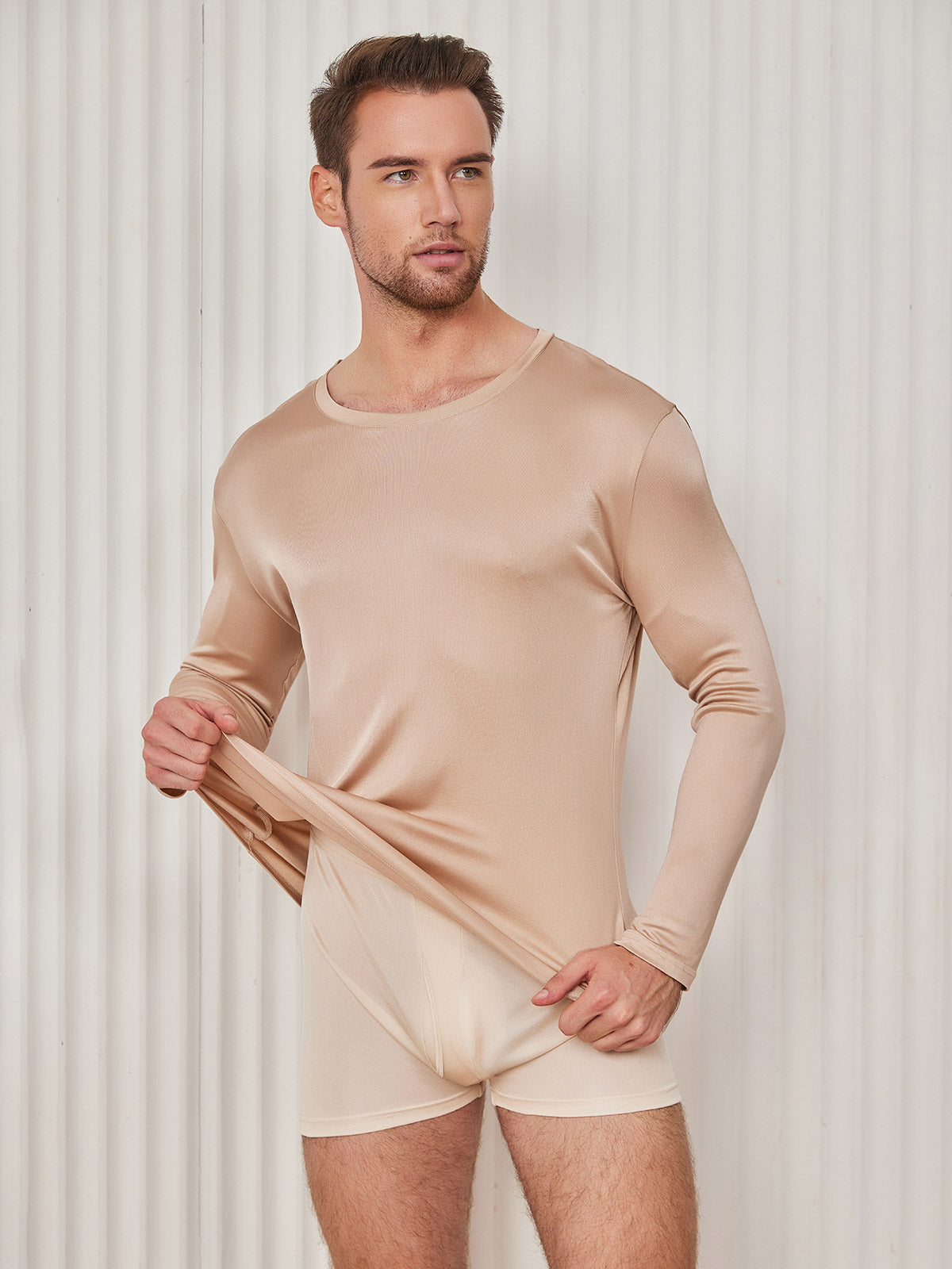 [Beige] SilkSilky-AU Silk Knitted Long Sleeve Round Neck Men's T-Shirt 002