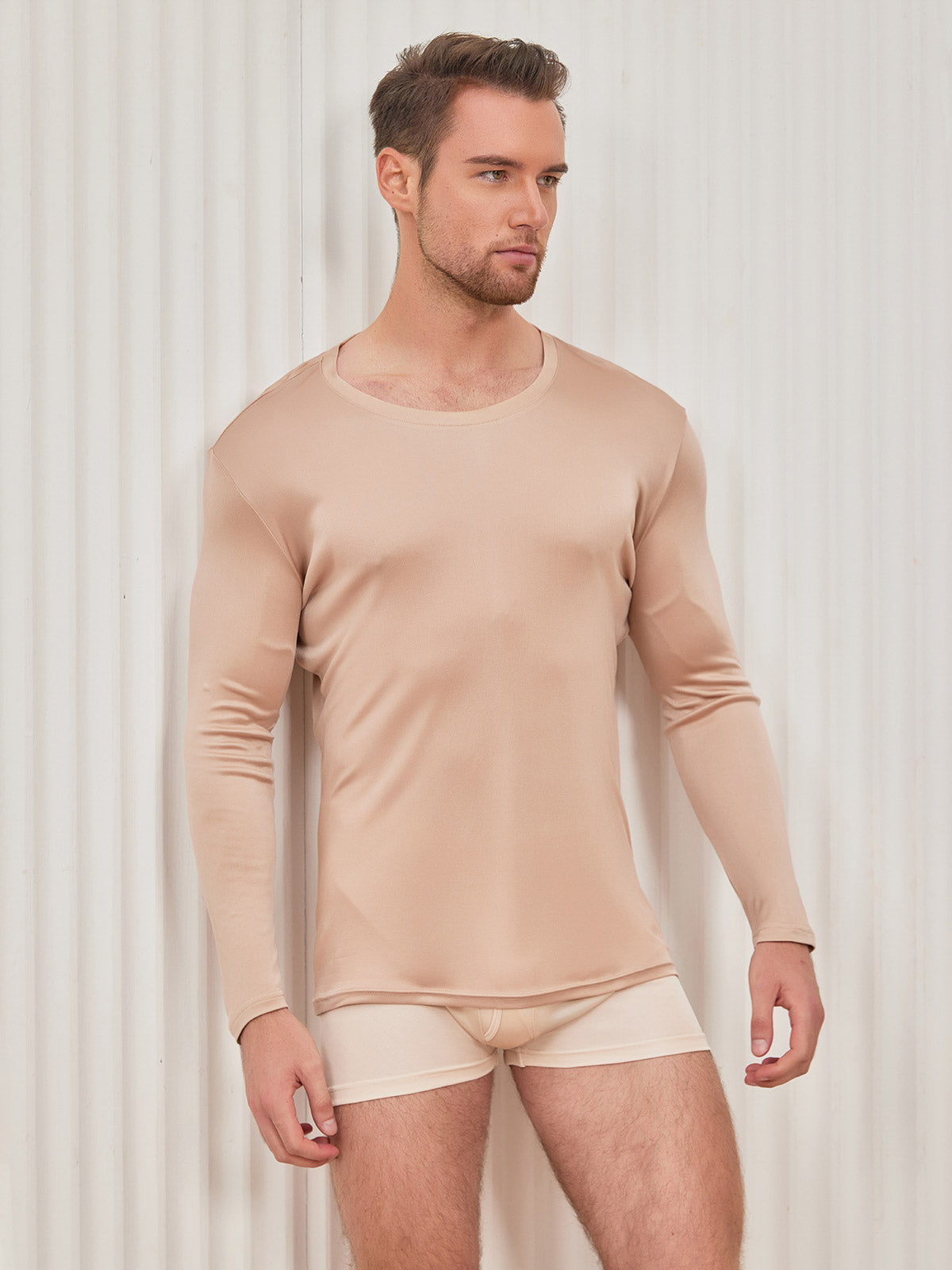 [Beige] SilkSilky-AU Silk Knitted Long Sleeve Round Neck Men's T-Shirt 004