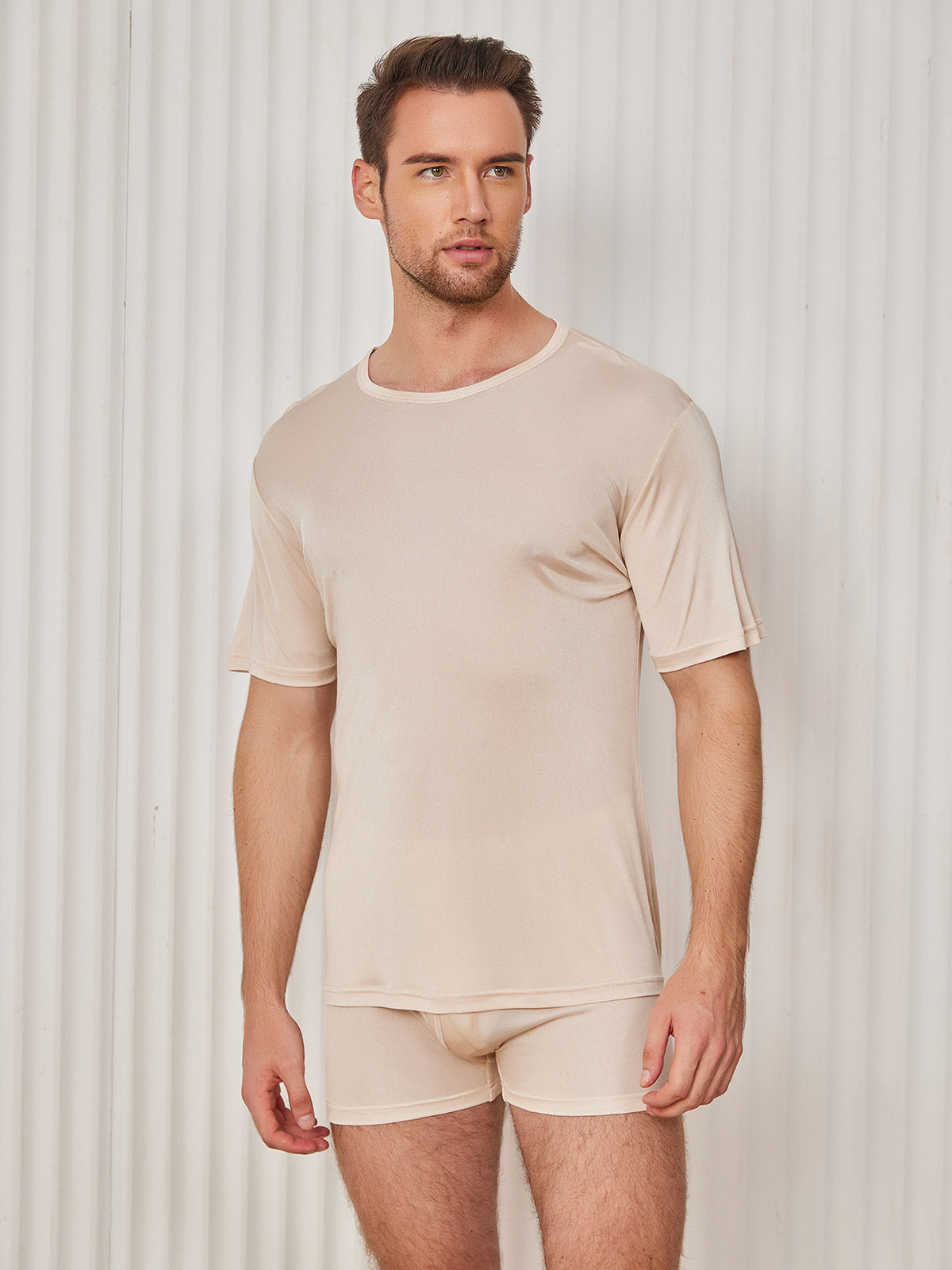 [Beige] SilkSilky-AU Silk Knitted Short Sleeve Round Neck Men's T-Shirt 001