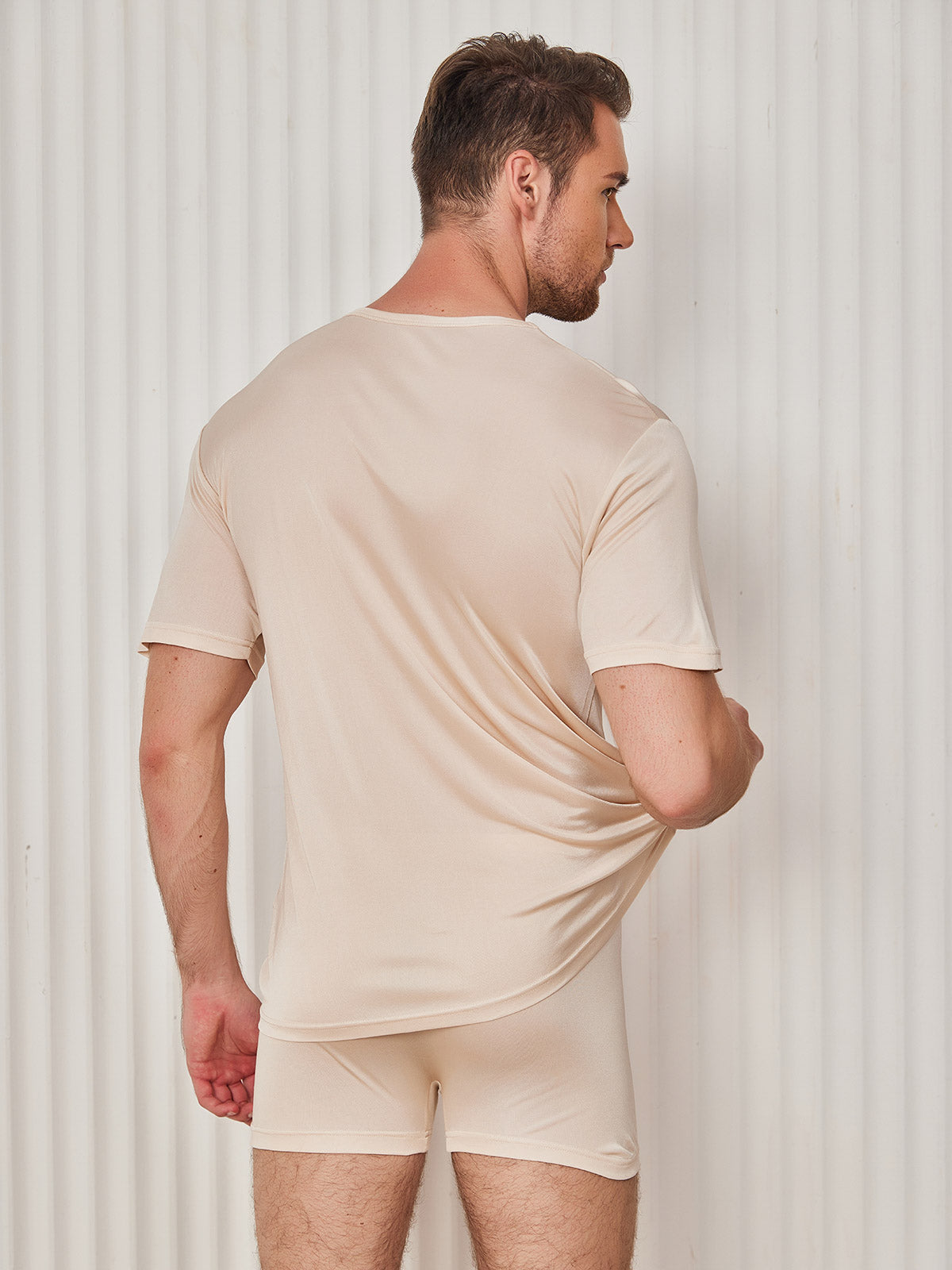 [Beige] SilkSilky-AU Silk Knitted Short Sleeve Round Neck Men's T-Shirt 002