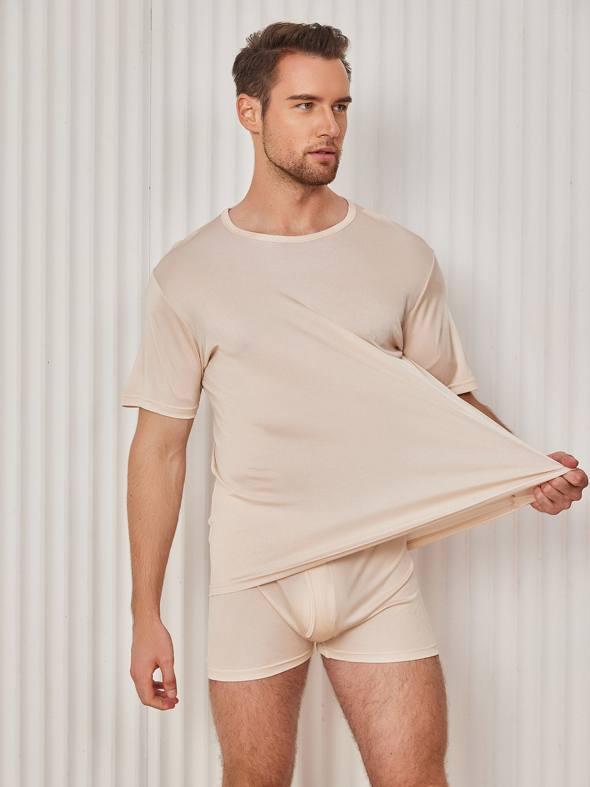 [Beige] SilkSilky-AU Silk Knitted Short Sleeve Round Neck Men's T-Shirt 003