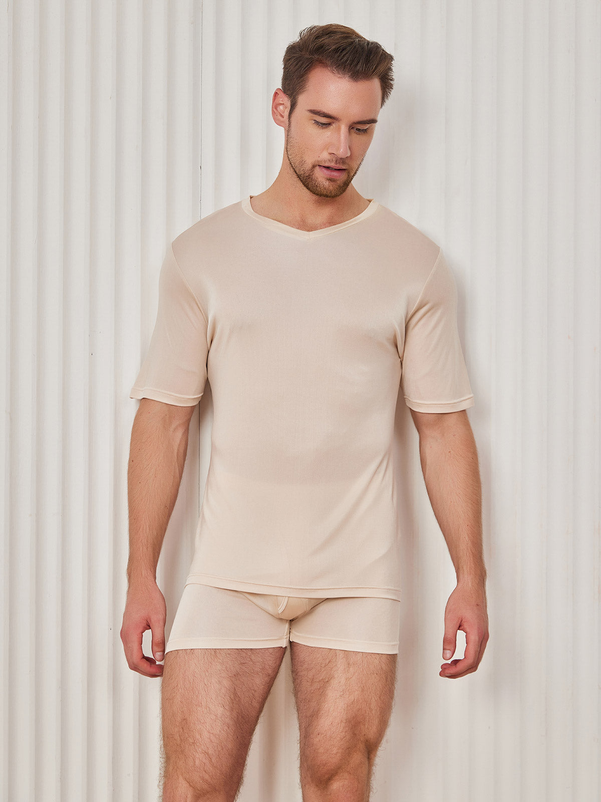 [Beige] SilkSilky-AU Silk Knitted Short Sleeve V Neck Men's T-Shirt 001