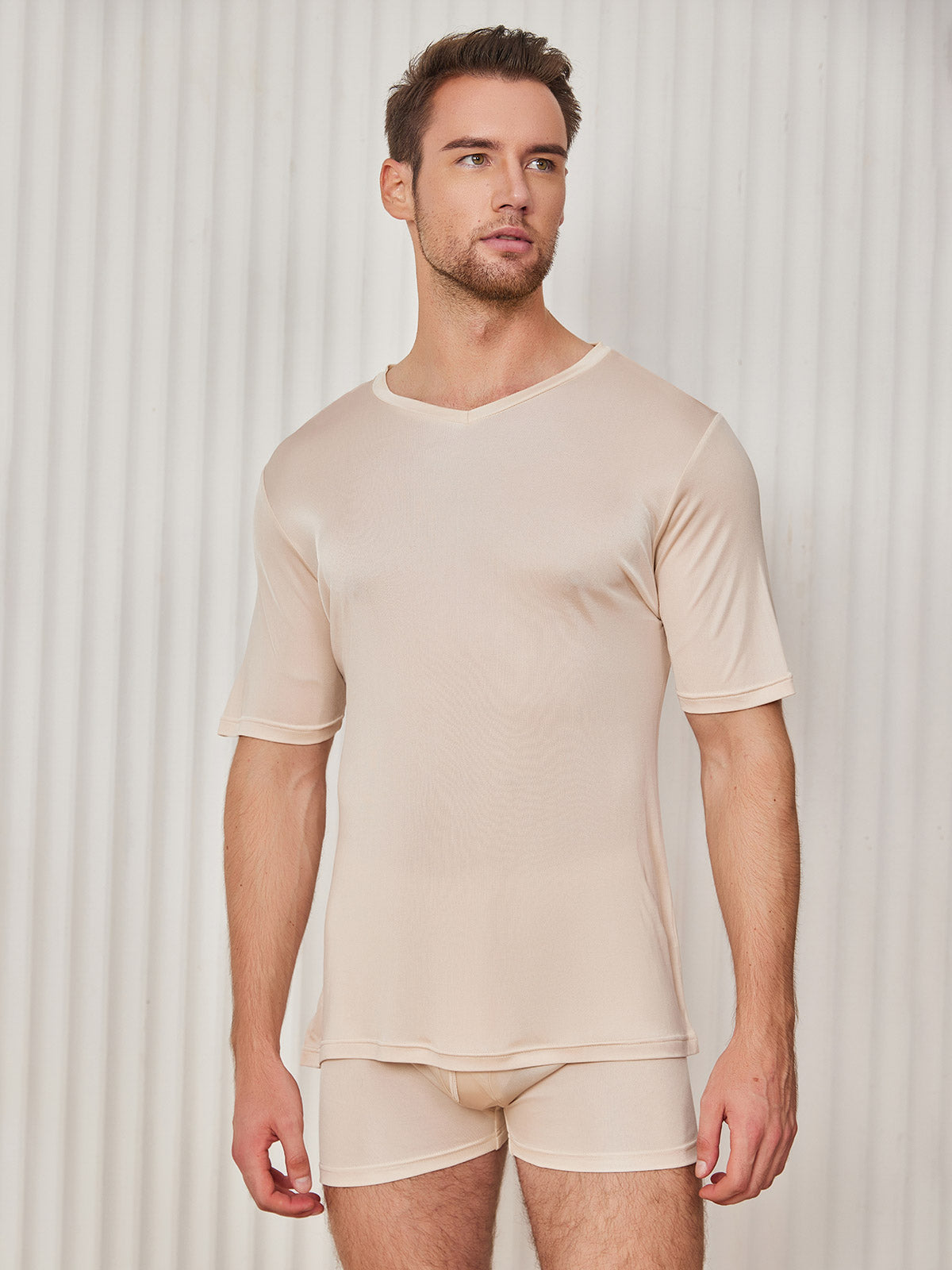 [Beige] SilkSilky-AU Silk Knitted Short Sleeve V Neck Men's T-Shirt 003