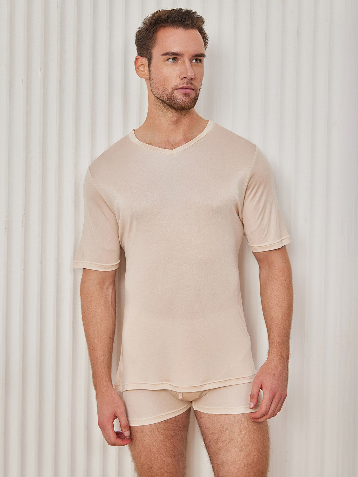 [Beige] SilkSilky-AU Silk Knitted Short Sleeve V Neck Men's T-Shirt 004