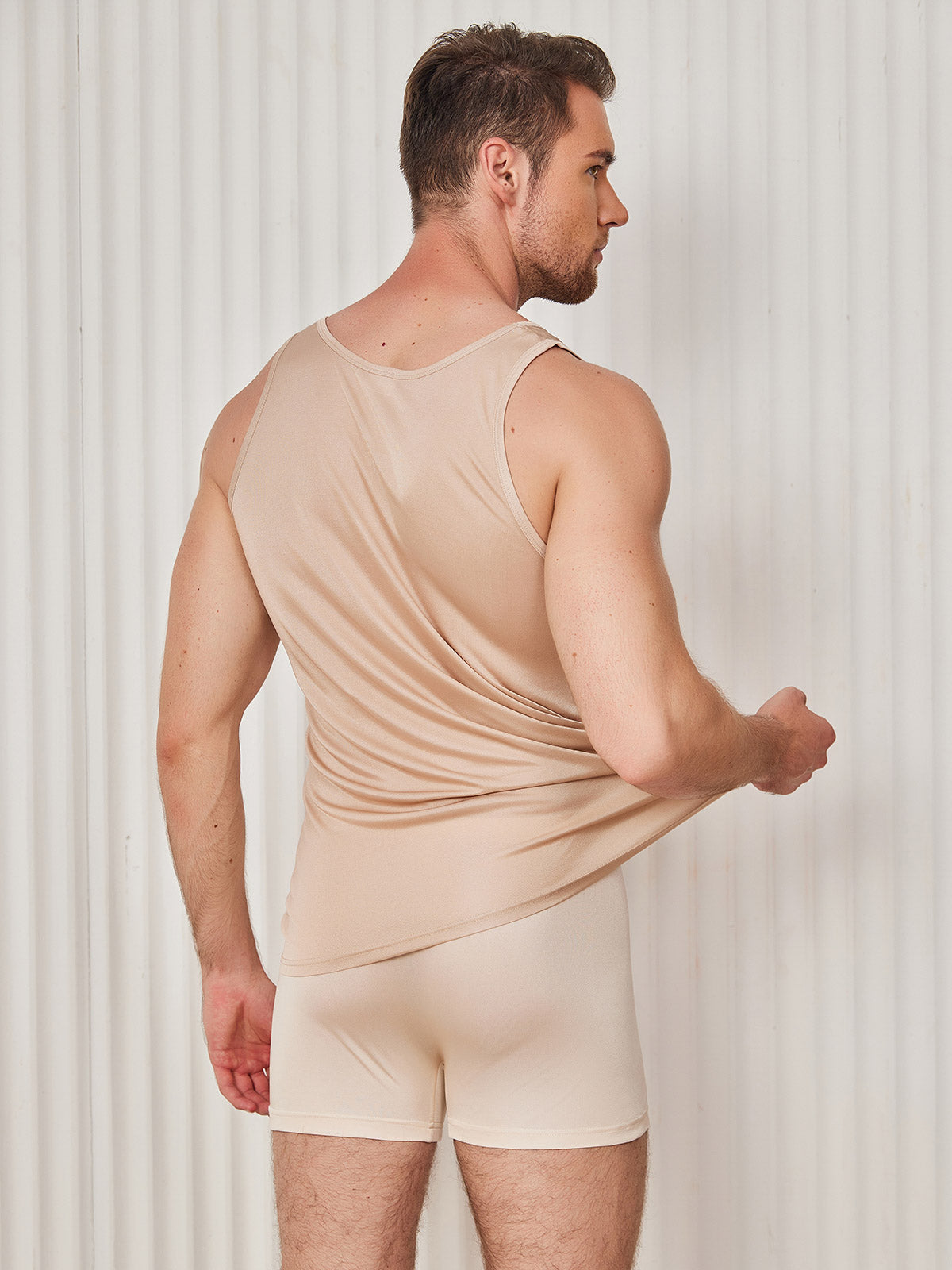 [Beige] SilkSilky-AU Silk Knitted Sleeveless Round Neck Men's T-Shirt 002