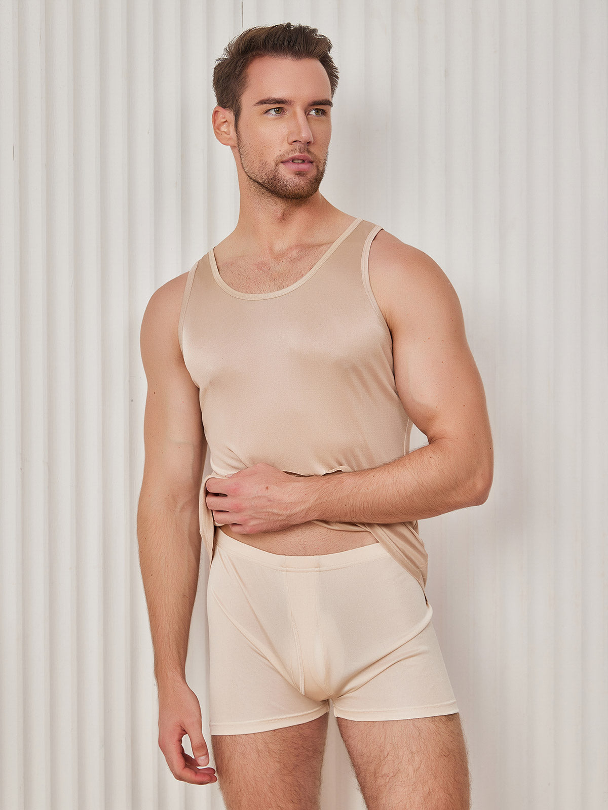 [Beige] SilkSilky-AU Silk Knitted Sleeveless Round Neck Men's T-Shirt 004