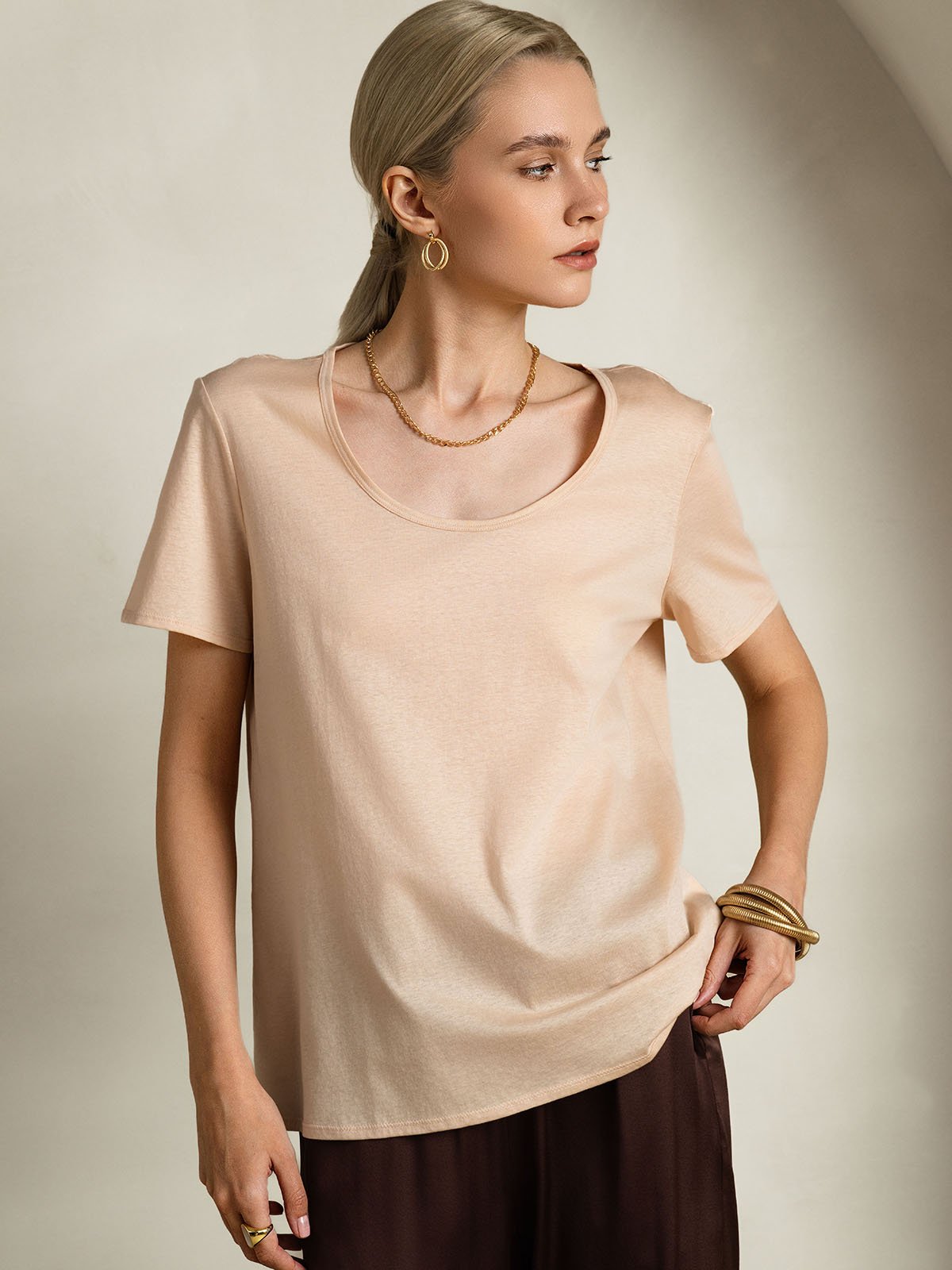 [Beige] SilkSilky-AU Silk Short Sleeve U Neck Women's T-Shirt 003
