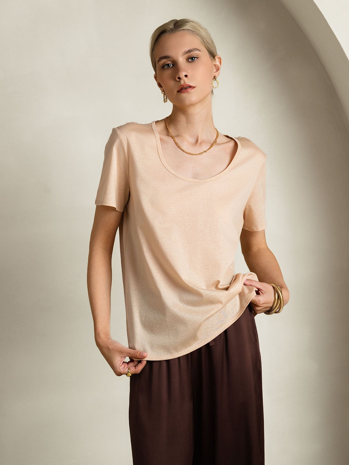 [Beige] SilkSilky-AU Silk Short Sleeve U Neck Women's T-Shirt 005