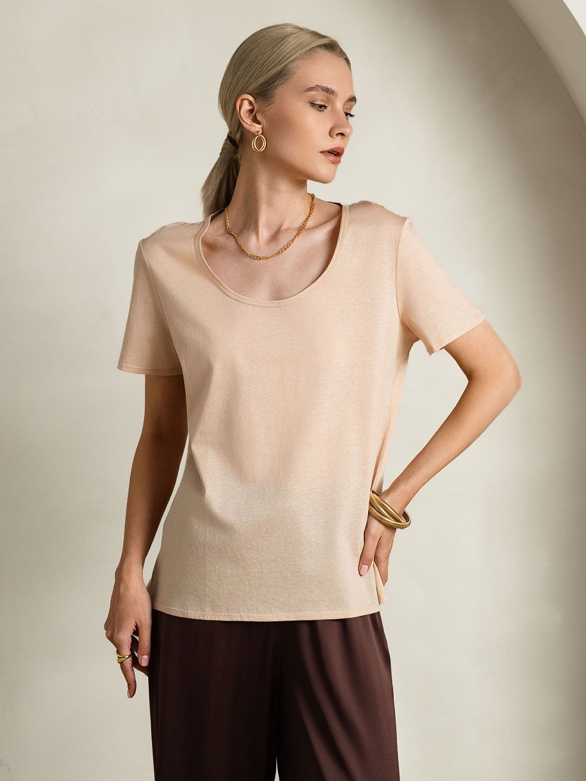 [Beige] SilkSilky-AU Silk Short Sleeve U Neck Women's T-Shirt 006