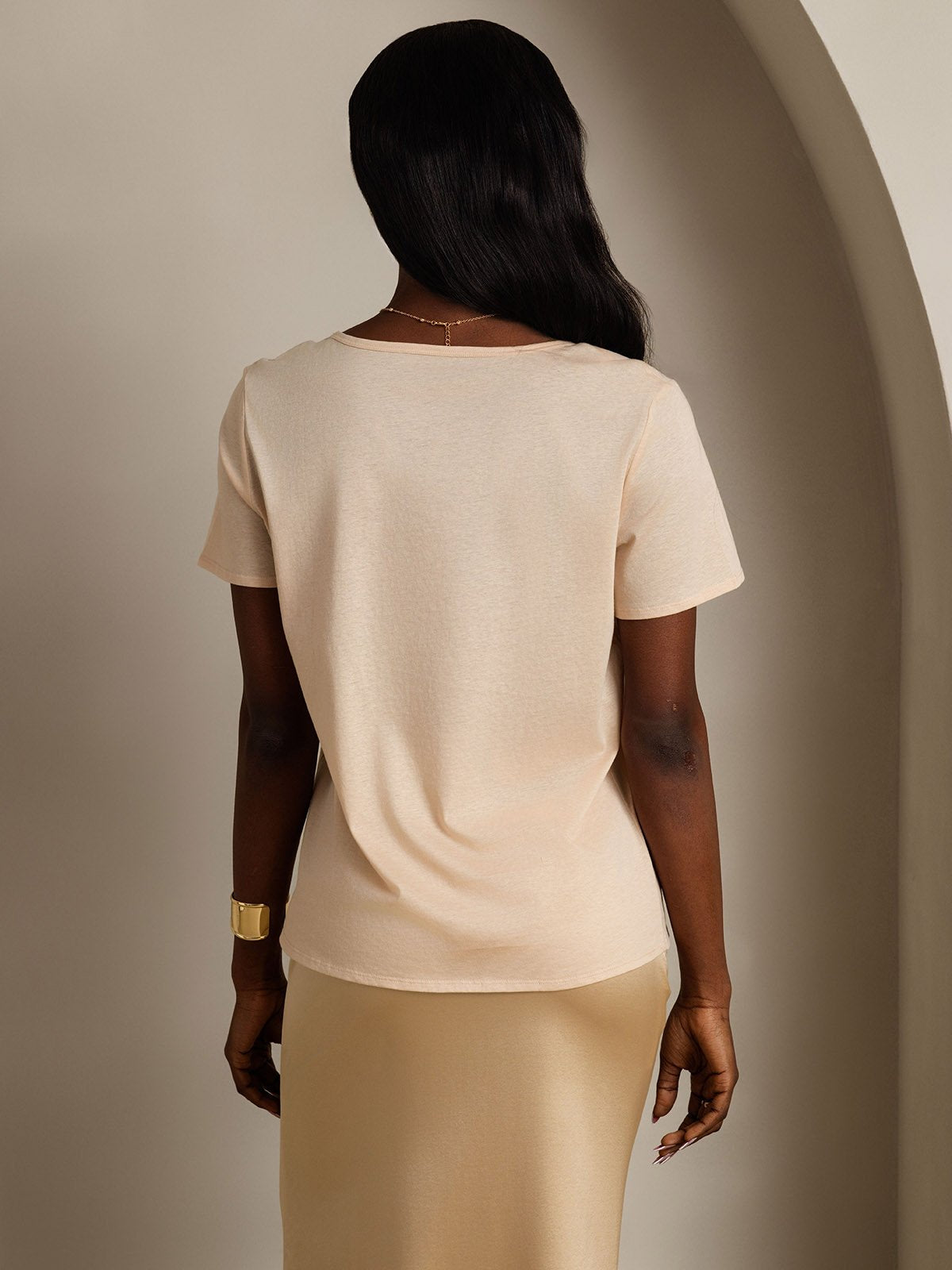 [Beige] SilkSilky-AU Silk Short Sleeve V Neck Women's T-Shirt 002
