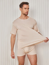 [Beige] SilkSilky-AU 100% Silk Jersey Short Sleeve Crew Neck Men's T-Shirt 003