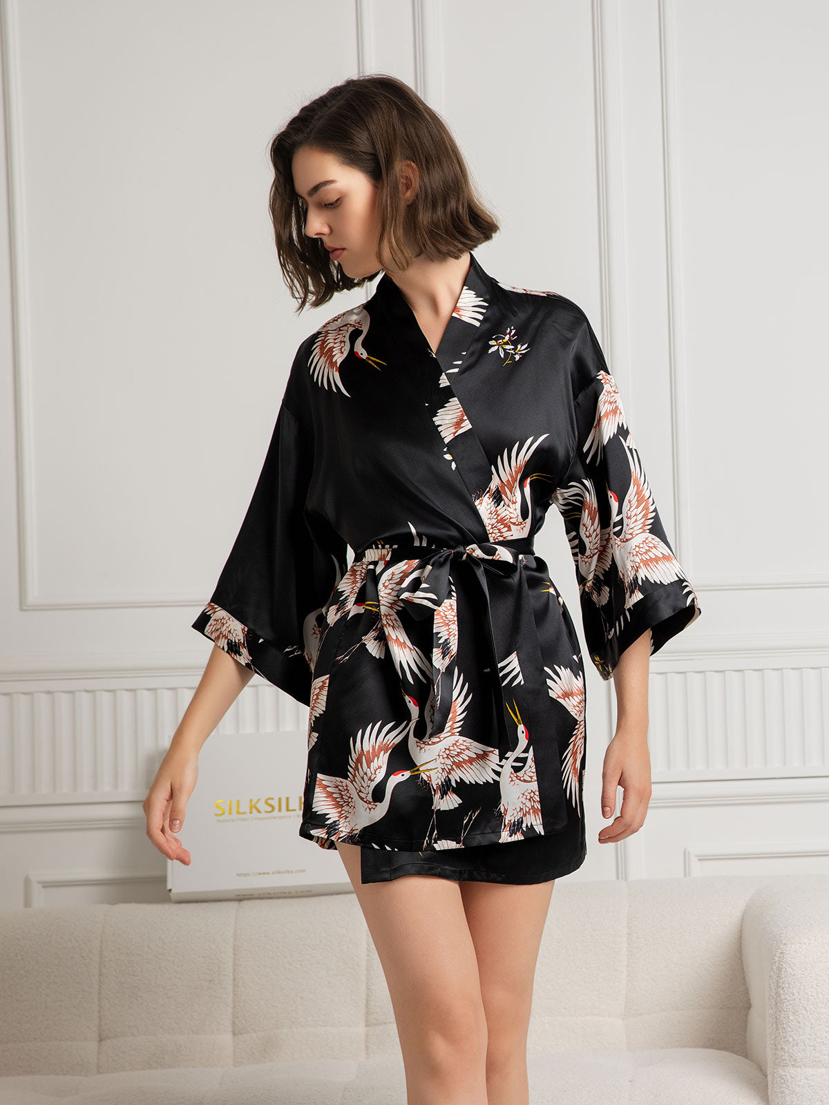 [Black] SilkSilky-AU 19Momme Pure Silk 3/4 Sleeve Deep V Neck Women's Dressing Gown 001