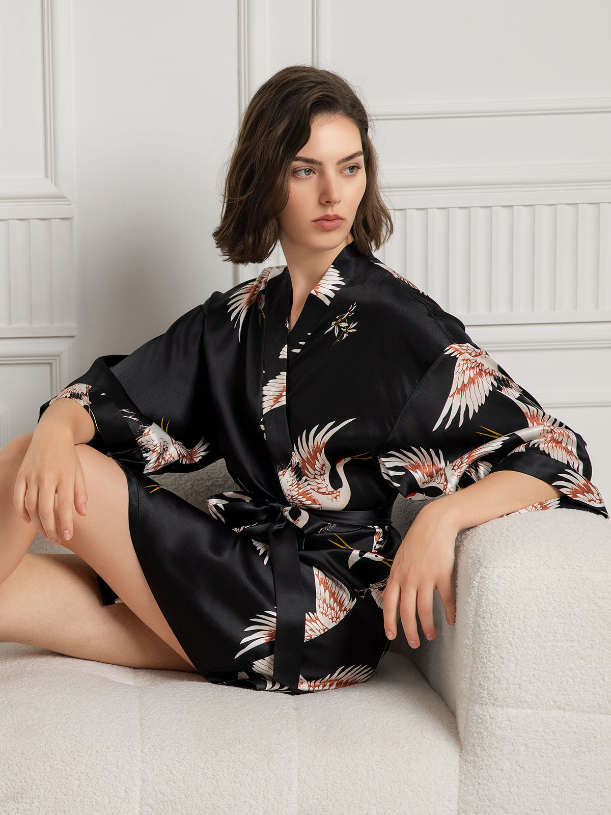 [Black] SilkSilky-AU 19Momme Pure Silk 3/4 Sleeve Deep V Neck Women's Dressing Gown 004
