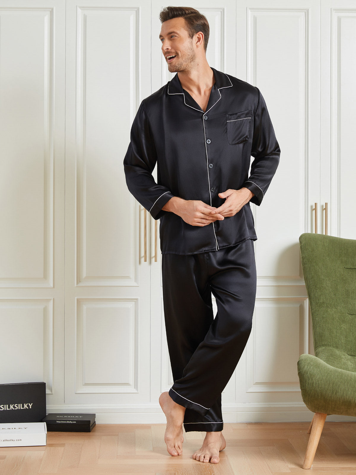 [Black] SilkSilky-AU 19Momme Pure Silk Long Sleeve Lapel Men's Pyjamas 001