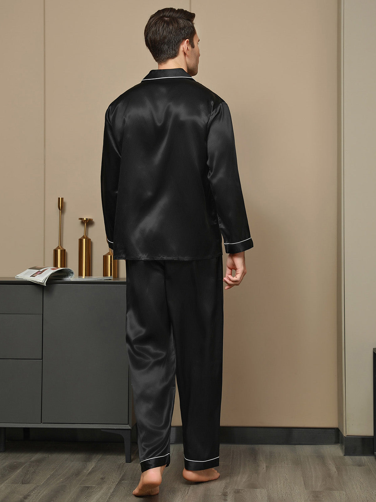 [Black] SilkSilky-AU 19Momme Pure Silk Long Sleeve Lapel Men's Pyjamas 002