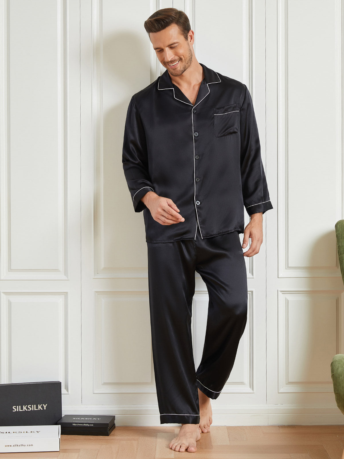 [Black] SilkSilky-AU 19Momme Pure Silk Long Sleeve Lapel Men's Pyjamas 003