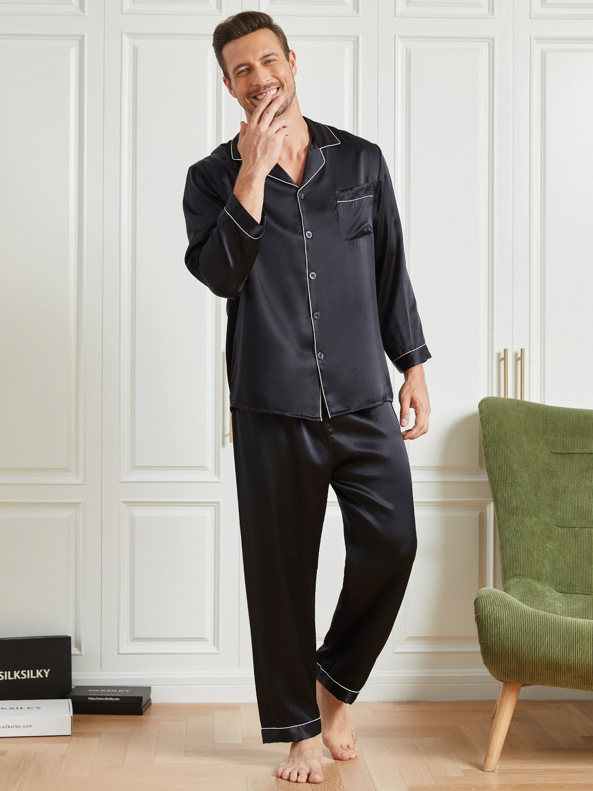 [Black] SilkSilky-AU 19Momme Pure Silk Long Sleeve Lapel Men's Pyjamas 004