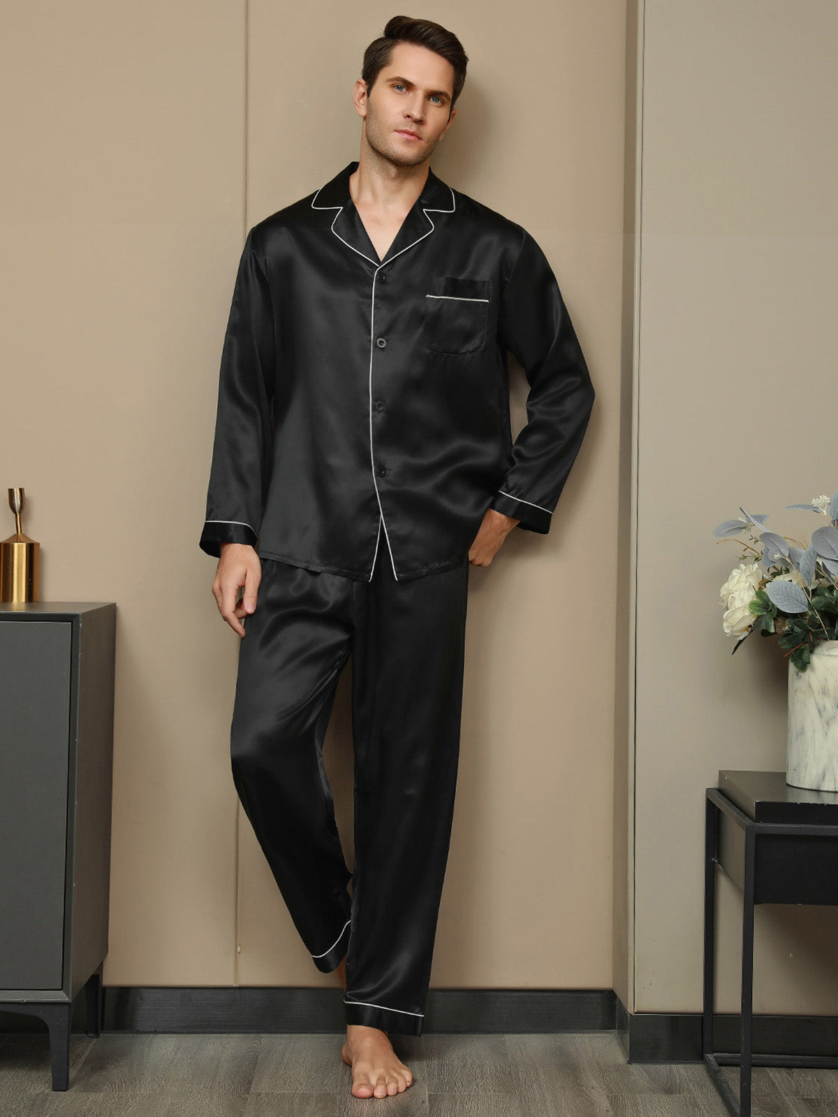 [Black] SilkSilky-AU 19Momme Pure Silk Long Sleeve Lapel Men's Pyjamas 004