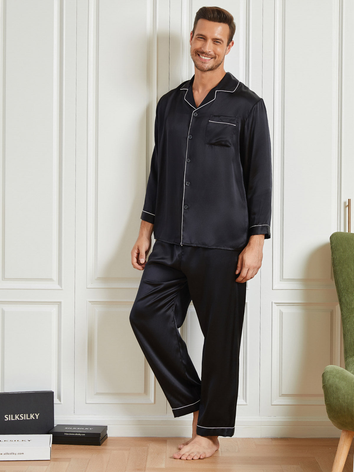 [Black] SilkSilky-AU 19Momme Pure Silk Long Sleeve Lapel Men's Pyjamas 005