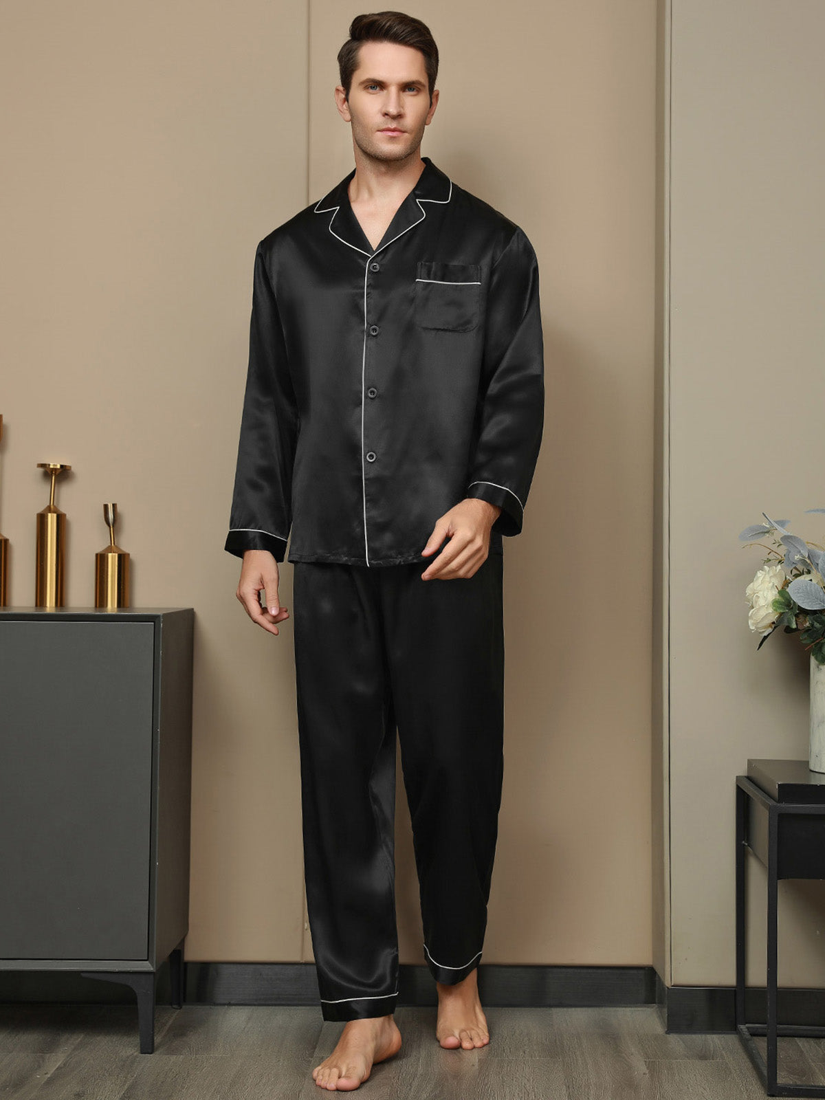 [Black] SilkSilky-AU 19Momme Pure Silk Long Sleeve Lapel Men's Pyjamas 006
