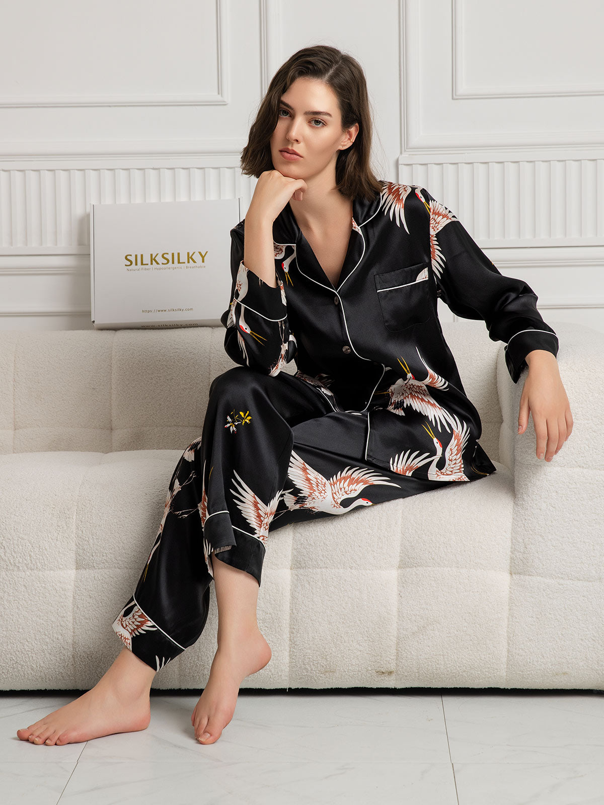 [Black] SilkSilky-AU 19Momme Pure Silk Long Sleeve Lapel Women's Pyjamas 001